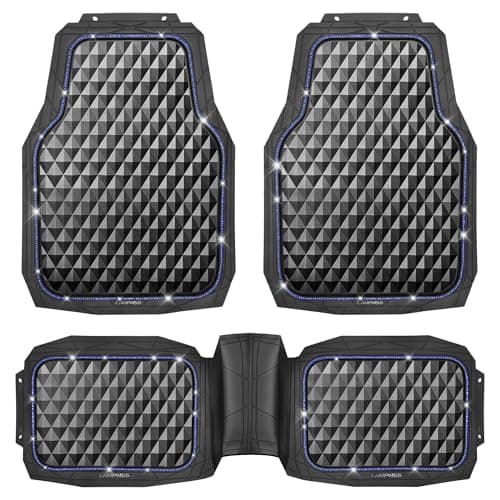 CAR PASS Bling Diamond Rubber Car Mats Heavy Duty Deep Dish AllWeather Floor Mat Full Set AntiSlip 3D Rhombus Waterproof Trim Fit Liner Universal Glitter Sparkly Shining Rhinestone Beige Rubber