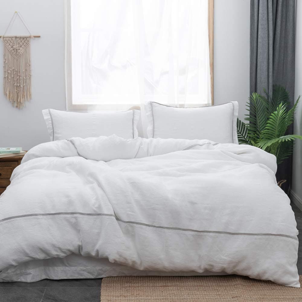 SimpleOpulence 100 Linen Duvet Cover Set Comforter Queen Size 88 x 923pcs French Washed Flax Textured Soft Bedding with Striped Detail 1 Duvet Cover and 2 Pillowcases White