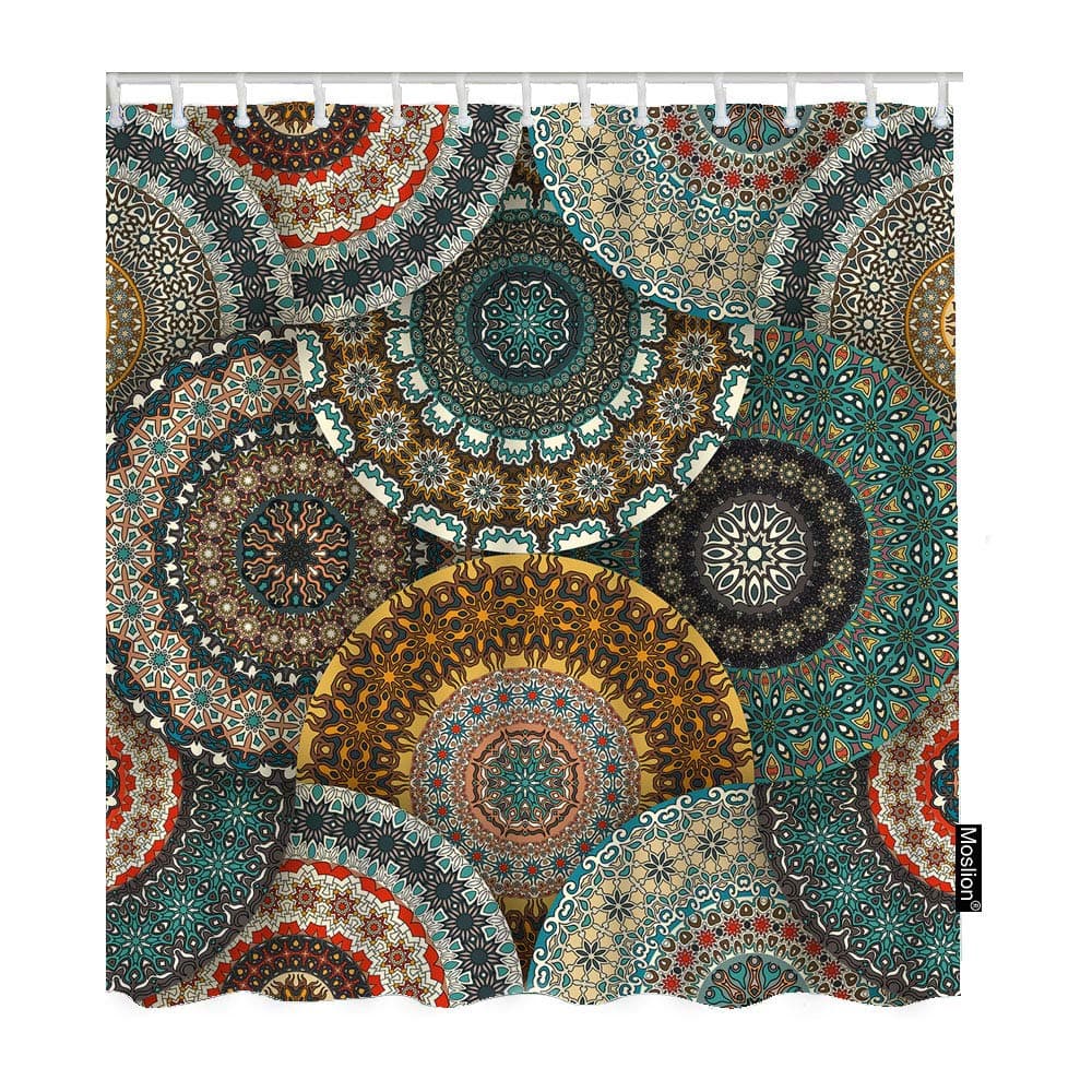 Moslion Bohemian Shower Curtain Set Colorful Vintage Floral Mandala Flower Aztec Boho Bathroom Shower Curtain Home Decorative Waterproof Polyester Fabric with Hooks 72x72 Inch