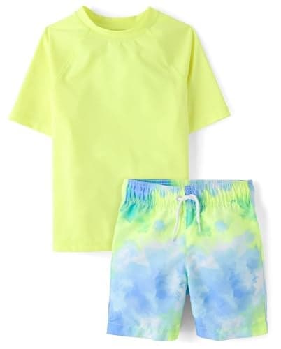 The Children's Place,Boys,Short Sleeve Rashguard and Swim Trunk, 2-Piece Set,Tie Dye Yellow,Medium