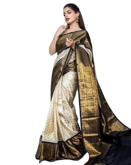 NIRLABH Women's Present Banarasi Soft Lichi Silk Saree Beautiful Cream & Black Kanjivaram Silk Saree With Zari Weaving
