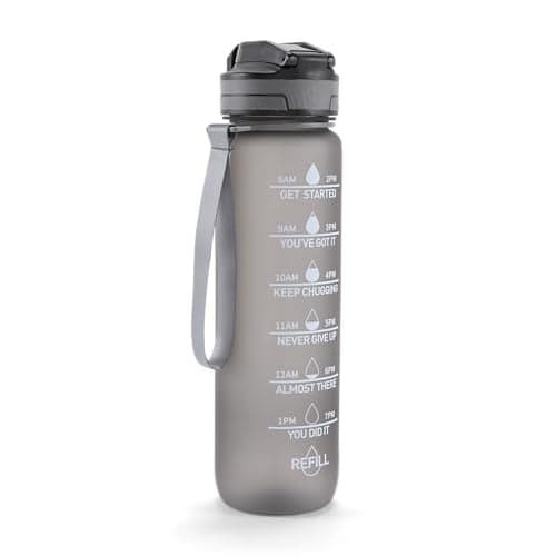 FOLELLO 1L Tritan Water Bottle with Motivational Time Marker | Leakproof Sipper Bottle for Gym, Office, and Travel | Non-Toxic, BPA-Free Water Bottles with Hydration Reminder App | Stylish Grey