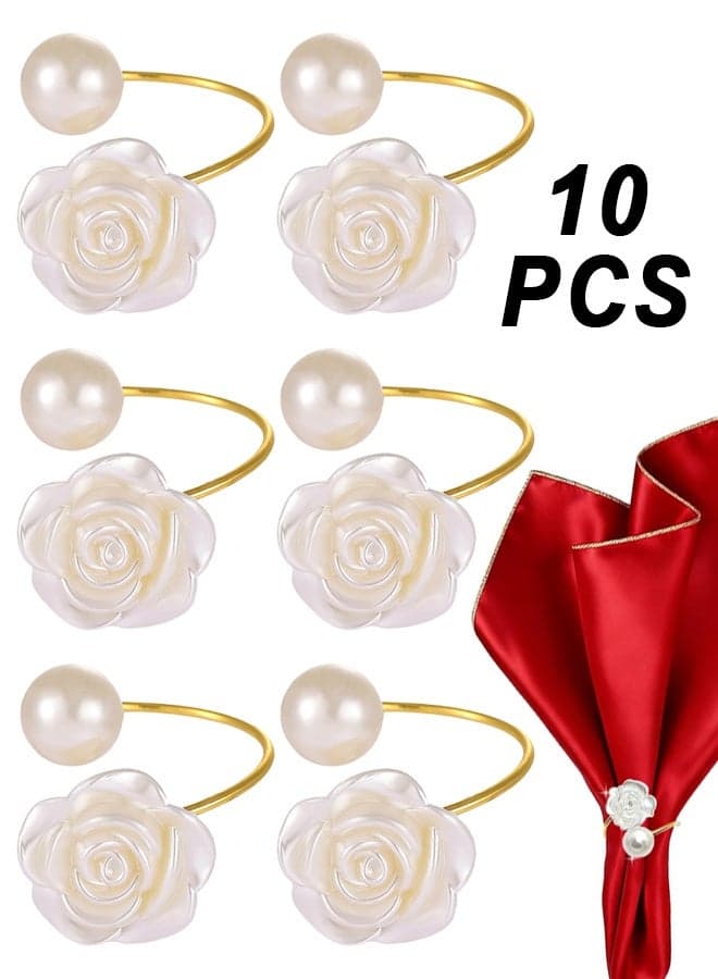 10Pcs Pearl Napkin Rings, Rose Flower Napkin Buckles,Gold Napkin Rings Holders Metal Serviette Buckles