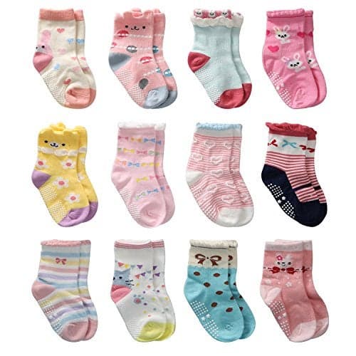 Toddler Girl 12-Pair Grip Socks, Anti-Slip Crew Socks - Non Skid Cotton for Kids Girls (6-12 Months) parashoot Avg. Rating