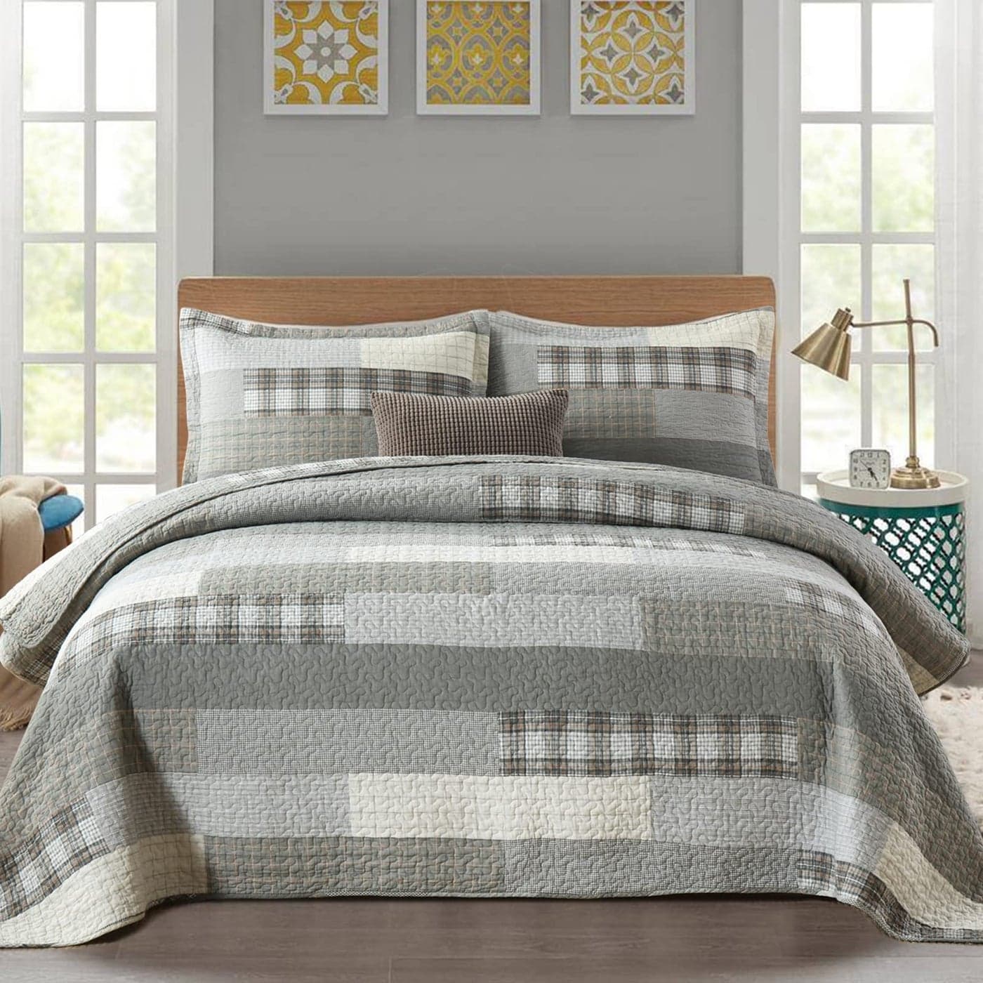 YPLWOMEN Quilts Queen Size 100 Cotton Grey Queen Quilt Farmhouse Plaid Quilted Bedspread 3 Pieces Lightweight Reversible Queen Size Quilt Bedding Set for All Season