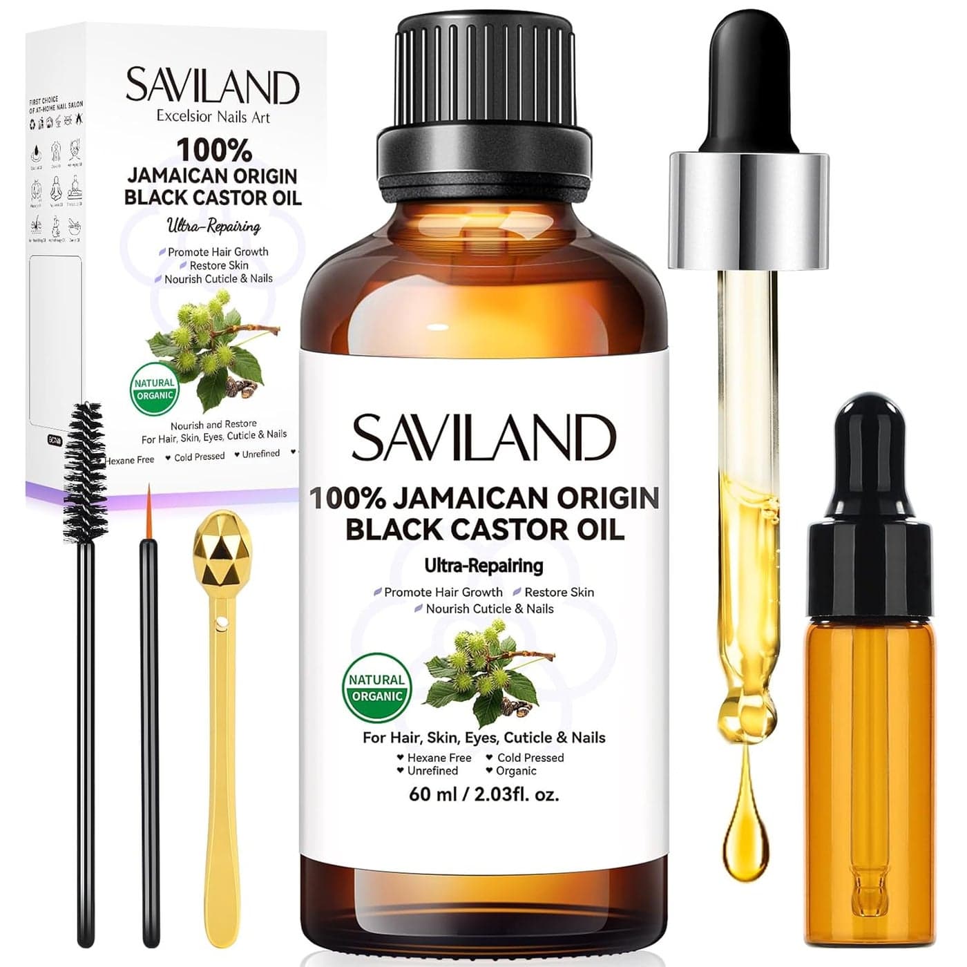 SAVILAND Jamaican Black Castor Oil Organic Cold Pressed Unrefined 100 Pure and Natural Castor Oil for Hair Growth Eyebrows Face Skin Care Cuticle Nourish Massager Tools Home Care 60ML