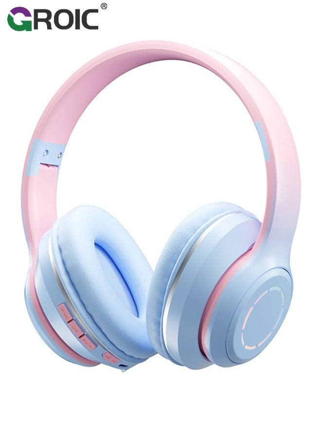 Pink and Light blue Bluetooth Headphones, Headphones with Volume Limited, Long Playtime, Bluetooth Headphones with Mic, Stereo Sound, Foldable Over-Ear Headphones for Kids/School/Travel/Tablet