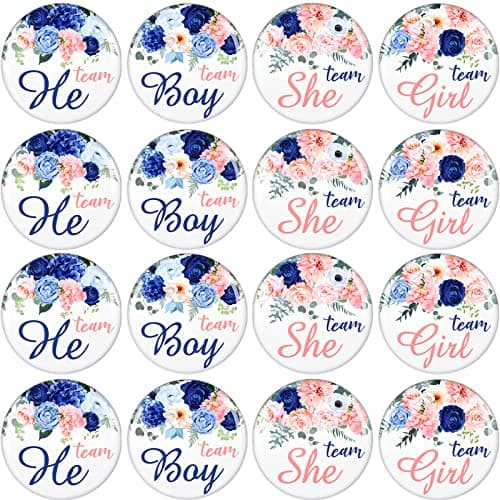 Dingion 100 Pcs Gender Reveal Button Pins Boy Girl Pinback or Party Supplies Pink and Blue Floral Round Decorative Baby Shower Decorations