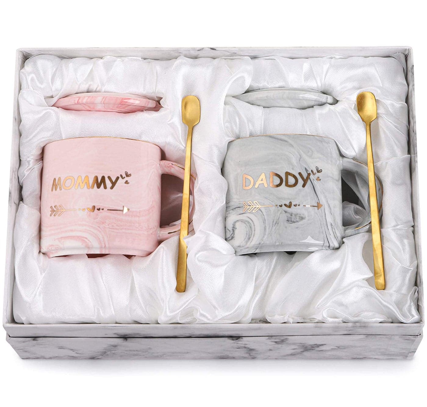 WUWEOT 2 Pack Dad and Mom Coffee Mug Set 350ML New Mom and First Time Pregnancy Gifts for Baby Shower Mothers Day Fathers Day Marble Ceramic Coffee Cup Set with Gift Box Lid Spoon