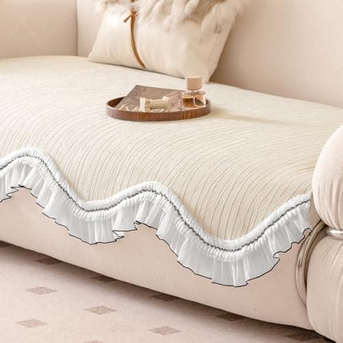 HOKIPO 'French Lace & Luxe' Sofa Cover Mat for 1/2/3 Seater & L Shape Sofa. Make Your Own Sofa Cover Set, Anti-Slip Mat Length 90(D) x 220(L) cm, Moonstone Beige (AR-6135-BGE)