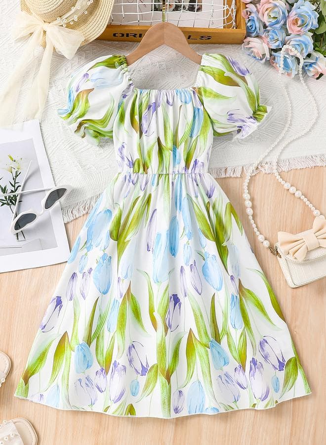 Girls Tulip Print Puff Sleeve Dress