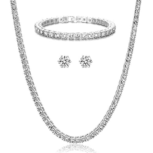 HH BLING EMPIRE Gold Silver Iced Out Diamond Tennis Chain Necklace for Men Women, Rhinestone Tennis Necklaces for Women and Teens, Diamond Neckalce/Bracelet/Earrings Sets (3mm Set-Silver-16)