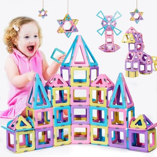 Magnetic Tiles 80pcs Magnet Building Blocks Set Creative Stacking Toys for Kids 3D DIY Construction Kit Preschool Child Montessori Toys STEM Learning Toys Gifts for Girls Boys 3 4 5 6 7 Years