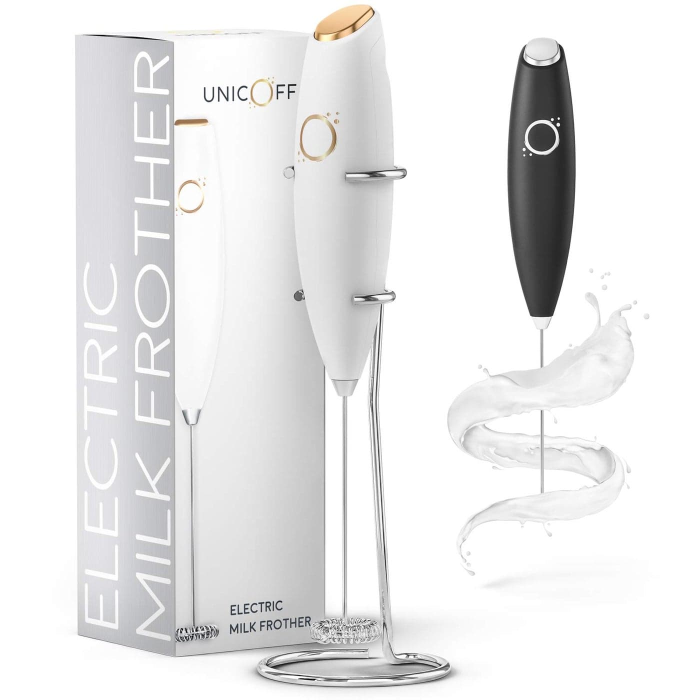 Milk Frother White Coffee Frother Handheld with Electric Whisk 19000 rpm Book Recipes and Stainless Steel Stand Included Hand Mixer Electric White and Gold