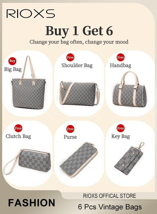 6pcs Women Fashion Bags Large Capacity Satchel Purses and Handbags for Women Vintage Printing Shoulder Tote Bags and Wallets