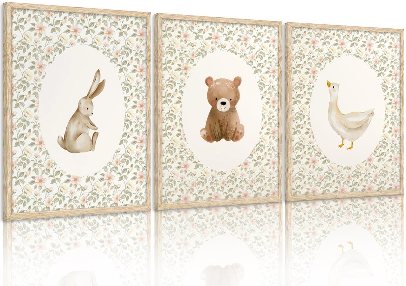 VZKRHPGA 3Pcs Animal Nursery Wall Art Cute Goose And Bunny Bear Painting Picture Wall Decor Pink Printed Retro Animals Poster Print Artwork for Kids Boys Room Bedroom Decorate,Unframed