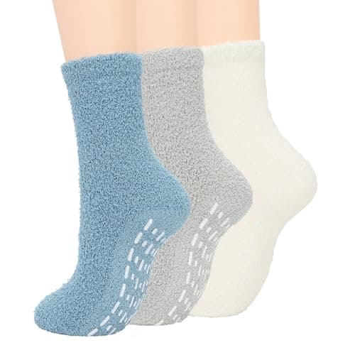 Zando Warm Fuzzy Socks with Grips Super Soft Grippy Hospital Socks -Gripper Slipper No Slip Anti Slip Non Skid Sock for Women Men Elderly for Home, Hospital, Yoga, Work H Blue/Gray/White