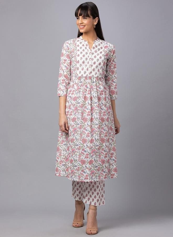 Globus Mandarin Collar Printed Kurta with Trousers Set