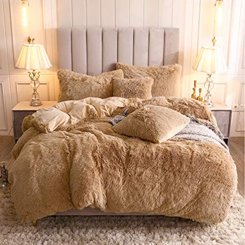 Uhamho Faux Fur Velvet Fluffy Bedding Duvet Cover Set Down Comforter Quilt Cover with Pillow Shams, Ultra Soft Warm (Queen, Camel)