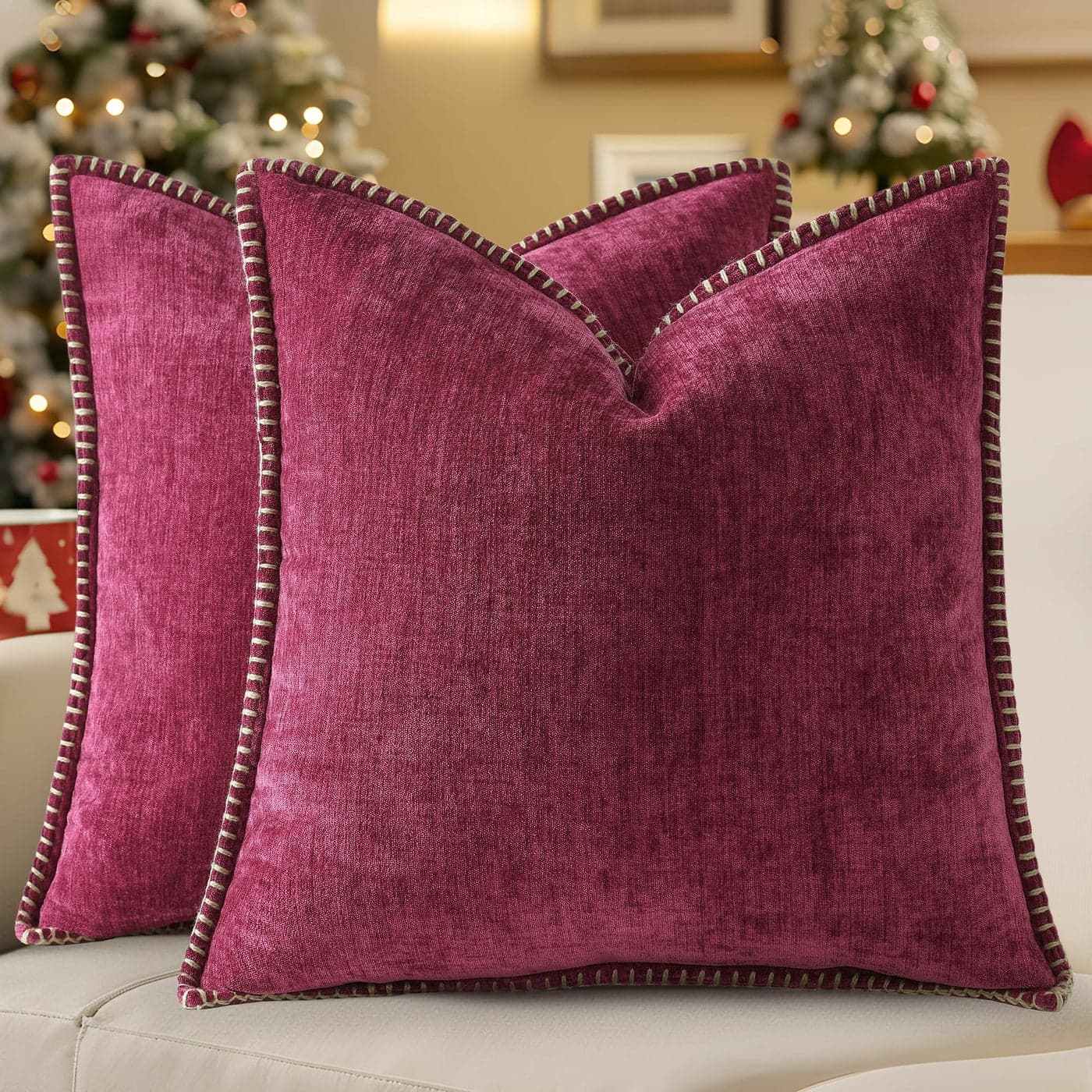 decorUhome Spring Chenille Soft Throw Pillow Covers 18x18 Set of 2 Farmhouse Velvet Neutral Decorative Pillow Covers with Stitched Edge for Couch Sofa Bed Home Decor Rhododendron