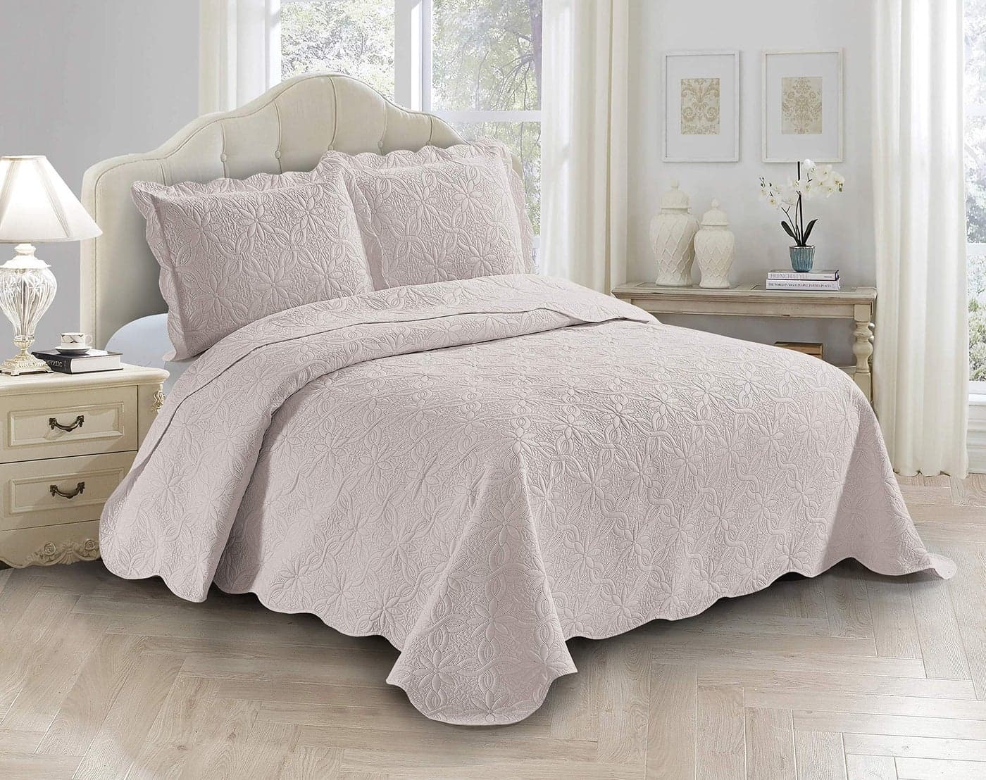 Fancy Linen 3pc Embossed Coverlet Bedspread Set Oversized Bed Cover Solid Floral Daisy Pattern New Allis FullQueen Beige