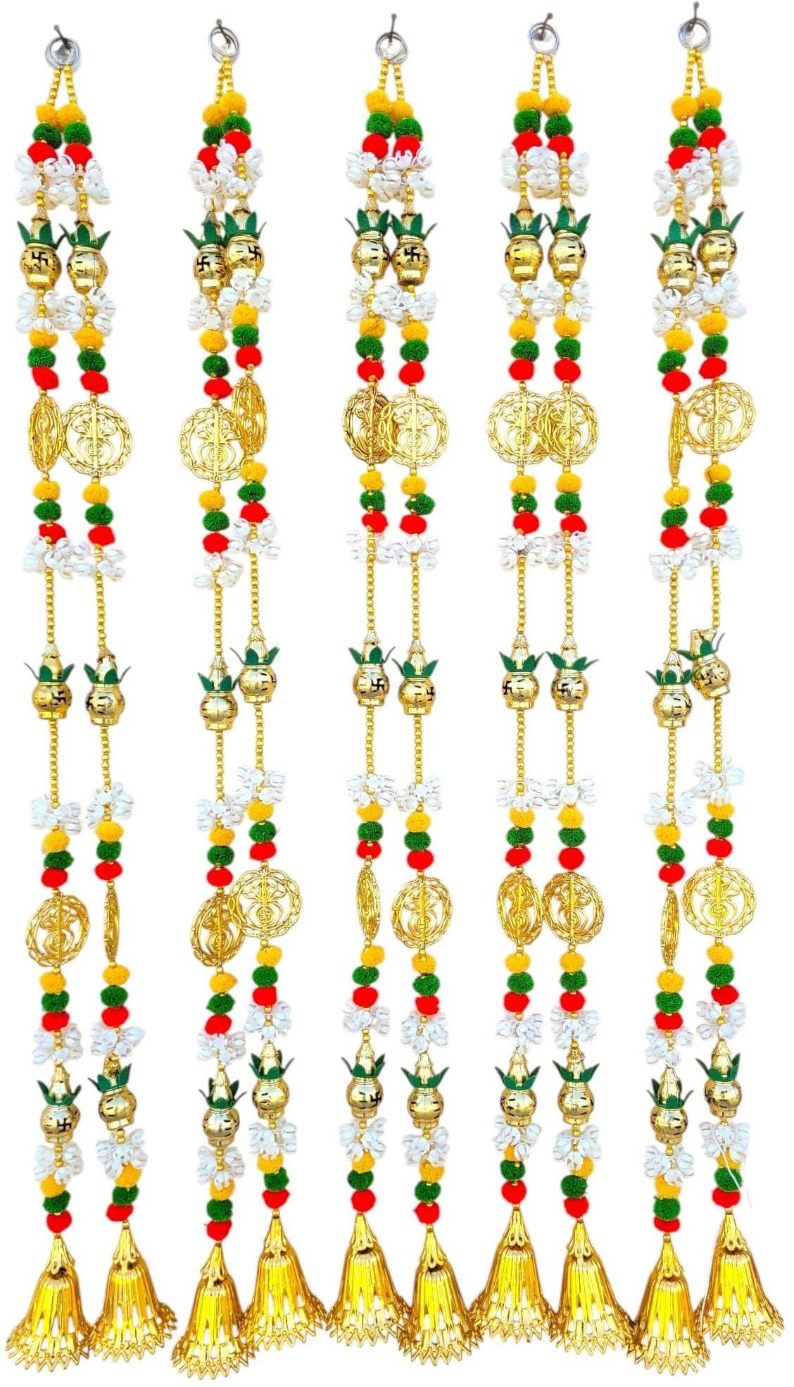 SHAKTISM Handmade Decorative Latkan Hangings – Heart, Parrot, Golden Flower & Kalash Designs with Beads & Golden Bells, Traditional Toran for Main Door, Wedding, Pooja & Festive (Latkan-Kalash)