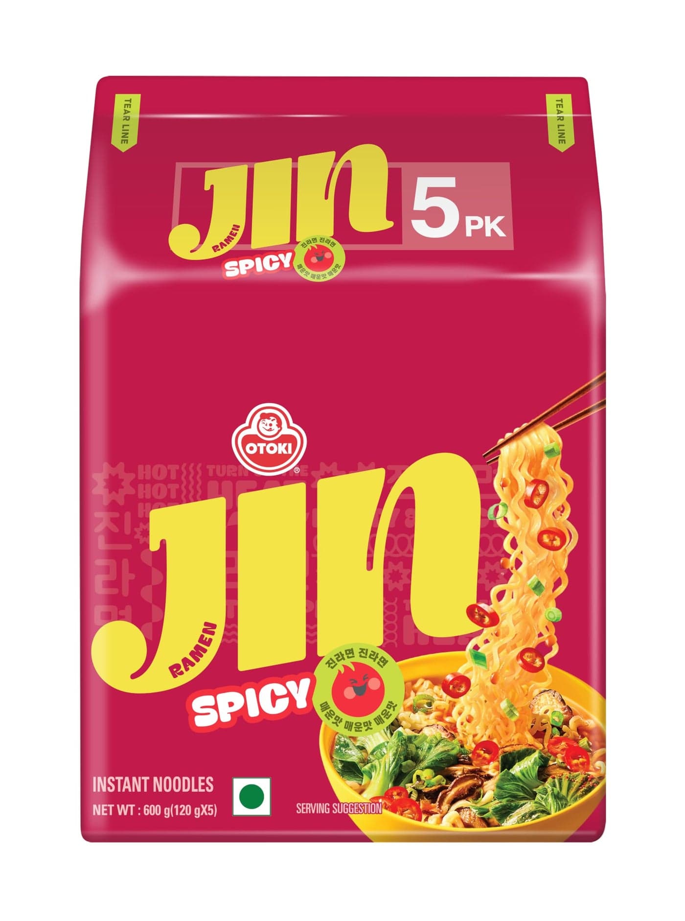 OTOKI Jin Ramen Korean-Style Instant Noodles Spicy Flavor 120g, Pack of 5 (600g) | Veg & Authentic Korean Ramen Noodle | The Product of Korea