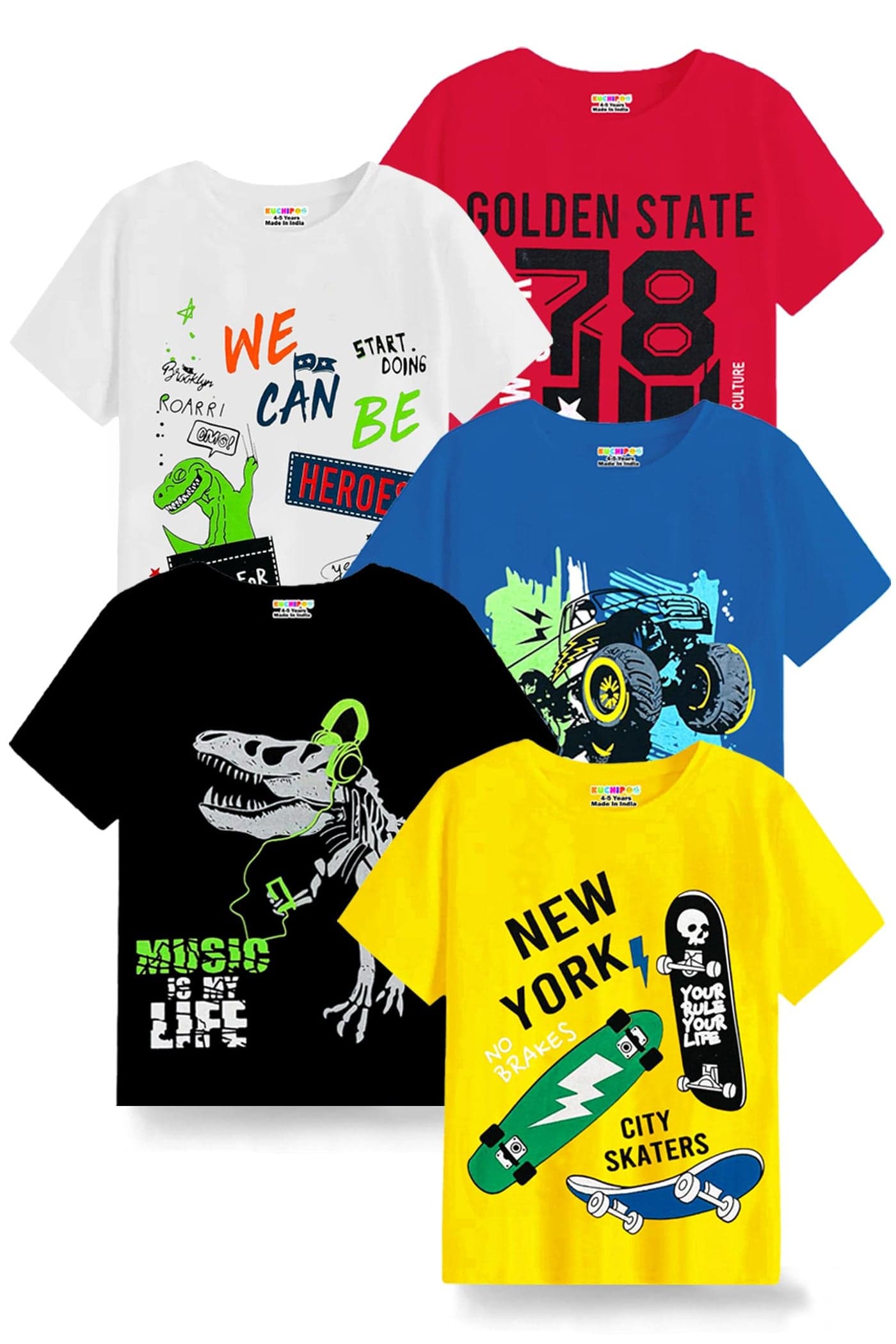 Kuchipoo Boys Regular Fit Cotton T-Shirts (KUC-TSHRT-255, 4-5 Years, Multi-Colored)
