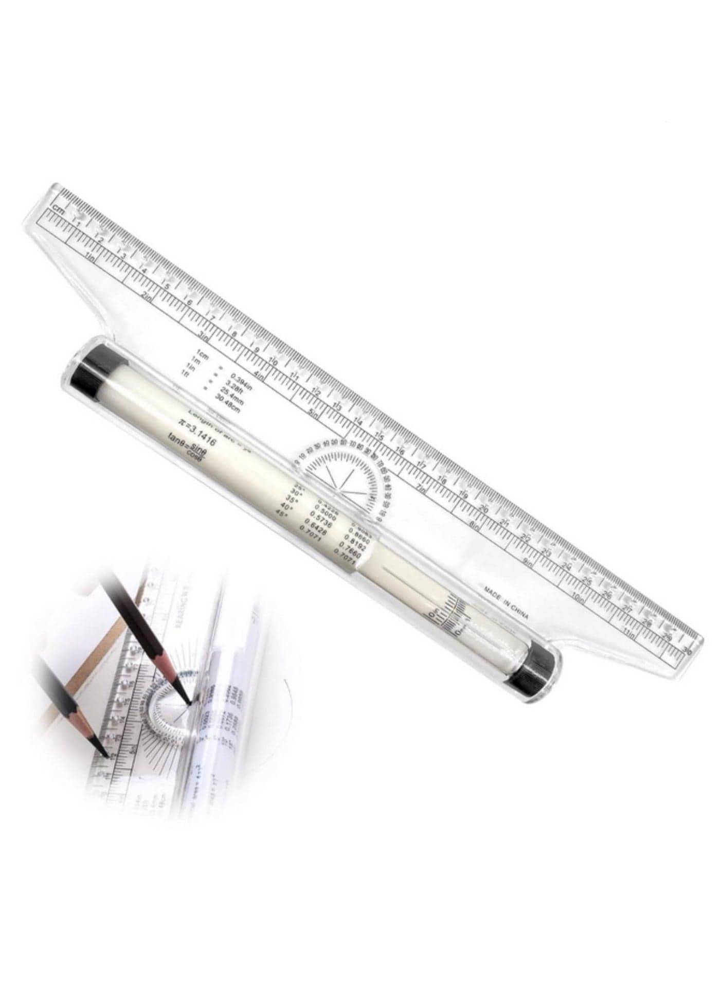 1PC 30cm/12" Plastic Rolling Ruler Multifunctional Drafting Ruler with Circle & Ellipse Holes, Clear Scale, Protractor & Formulas Parallel Drawing Tool for Artists, Students & Designers