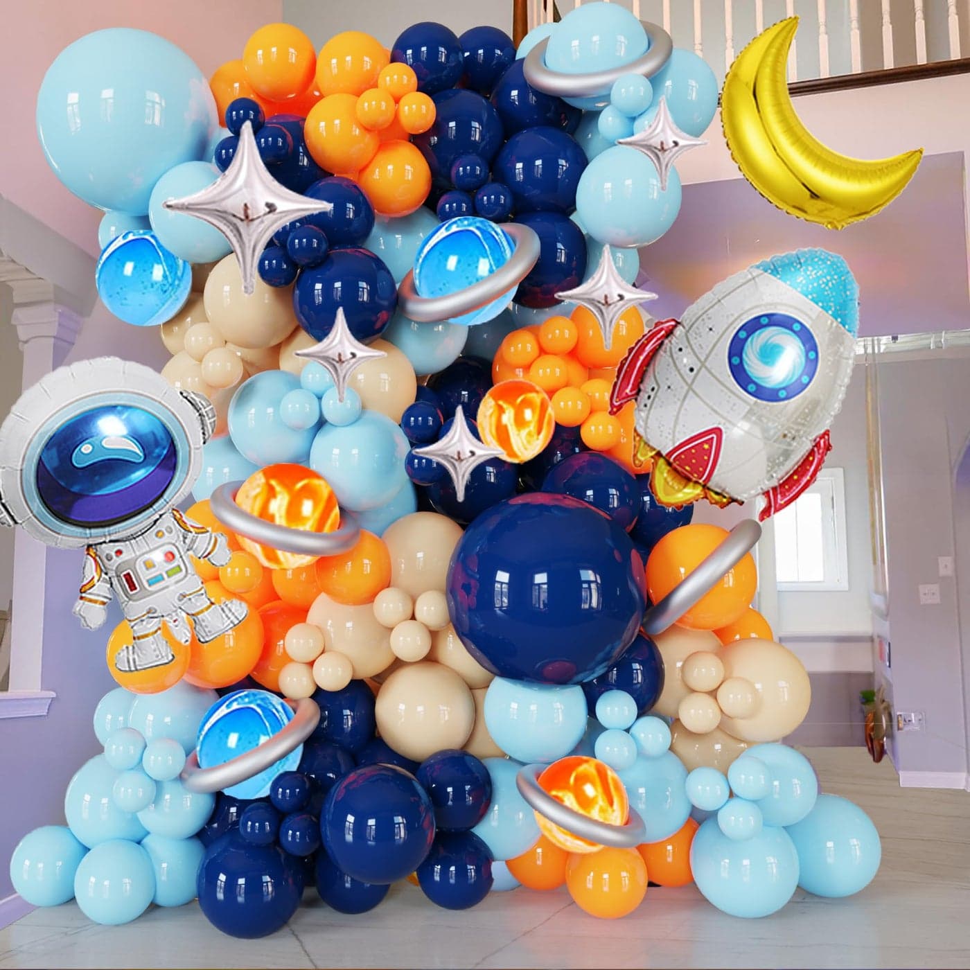 125Pcs Space Themed Balloon Arch Kit Navy Blue Orange Balloon Garland With Silver Tassels Galaxy Astronaut Rocket Decorations For Outer Space Parties Boy Kid Birthday decoration