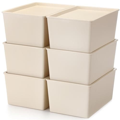 Menkxi 6 Pcs Storage Bins with Lids Small Plastic Storage Containers Stackable Storing Baskets Box Cute Organizer Bins for Organizing Shelves (Beige)