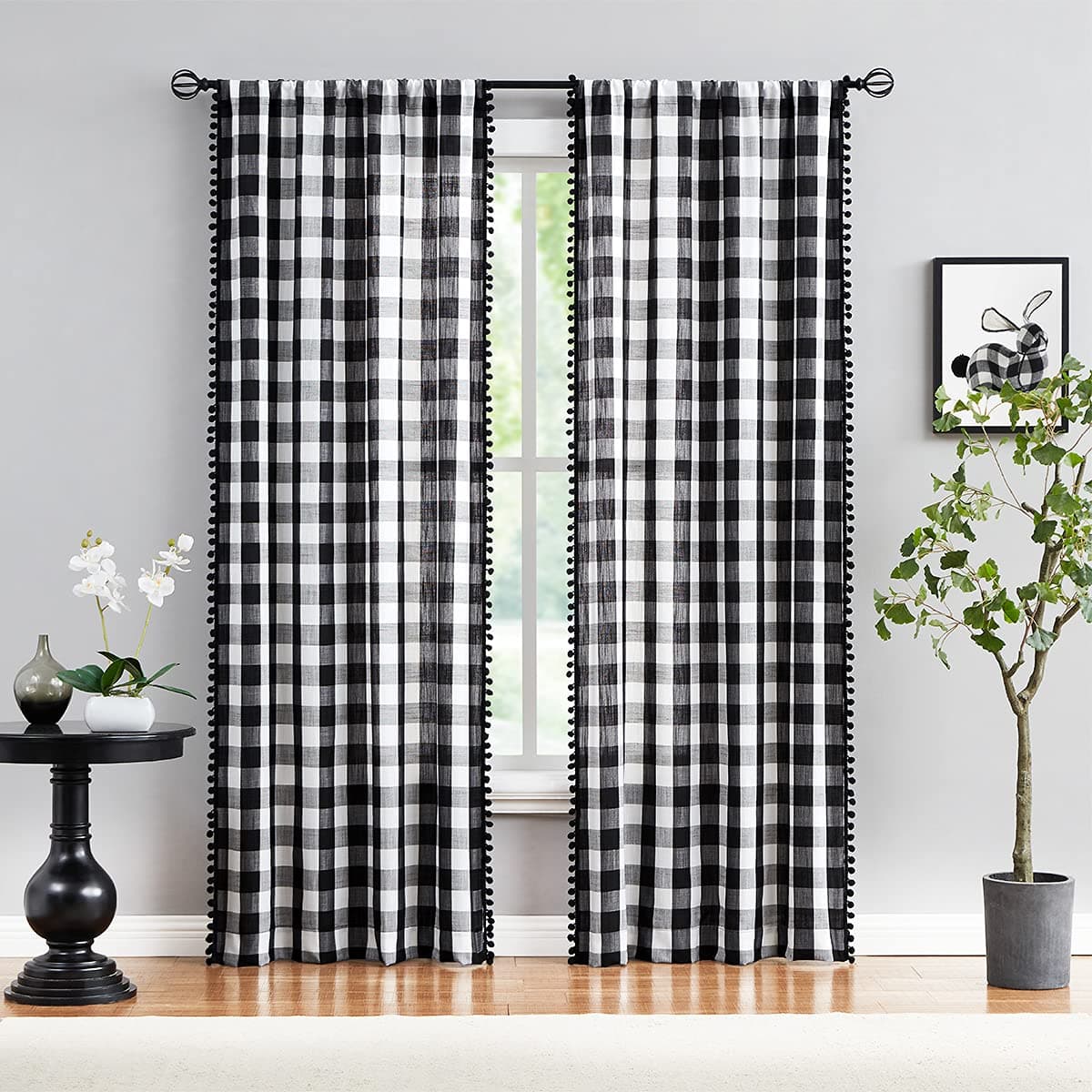 Treatmentex Check Curtains White Black Pom Pom Curtain Panels 95inch Long Rustic Farmhouse Gingham Plaid Check Window Drapes for Living Room Bedroom Holiday Dcor Rod Pocket 2 Panels