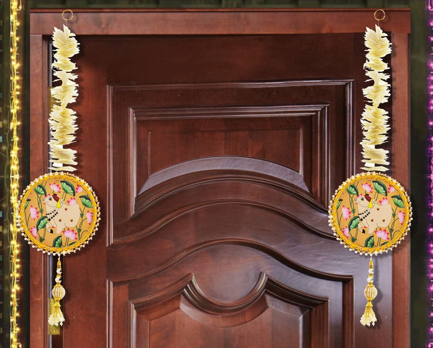 BENAVJI Cow Design Latkan Hangings for Home DecorPuja DecorHousewarmingBackdropMandirLotus Hanging with Cow Pichwai for DecorationThoranamDoor hangings for Entrance Pack of 2