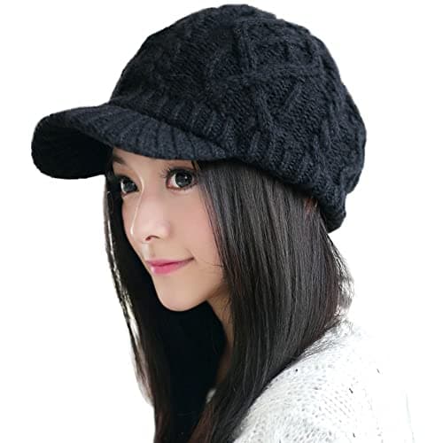 Comhats Wool Knit Visor Beanie Hat for Women Womens Cable Newsboy Hats with Brim Warm Cute Cold Winter Gift Ski Snow Black