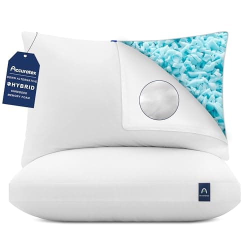 ACCURATEX Hybrid Pillow for Sleeping, Adjustable Shredded Memory Foam Pillow Core with Fluffy Down Alternative Fill Removable Cotton Cover,for Side,Back,Stomach Sleepers,Queen Size, 1 Pack