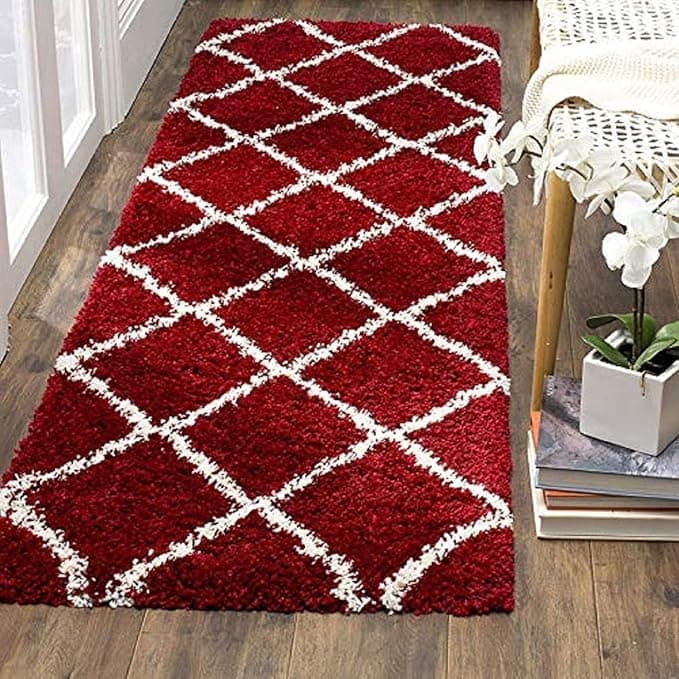 Banchmark Home Furnishings Modern Shag Runner Rug – Soft & Plush Moroccan Trellis Design for Hallway, Bedroom, and Living Room – Non-Slip & Stain-Resistant Red Box, 2x6Ft