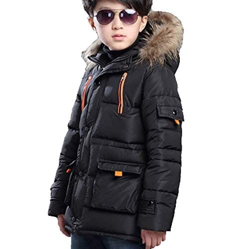 FARVALUE Boy Winter Coat Warm Quilted Puffer Water Resistant Parka Jacket with Detachable Fur Hood for Big Boys Black, 12-13 Years