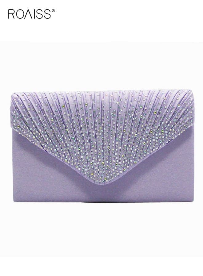 Women's Satin AB Color Hot Diamond Envelope Bag Fashionable Banquet Bridal Wedding Party Clutch Purse for Ladies Purple