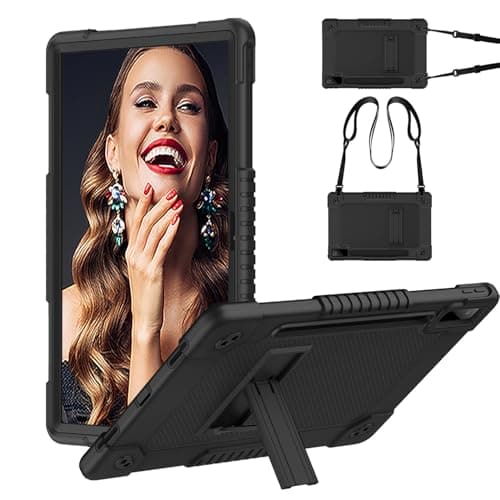 Kebiory for Lenovo Tab P12 12.7 inch 2023 TB370FU Heavy Duty Cover with Kickstand Shoulder Strap Built in Pen Holder Kids Friendly Shell Case for Lenovo Tab P12 / Lenovo Xiaoxin Pad Pro 12.7" (Black)