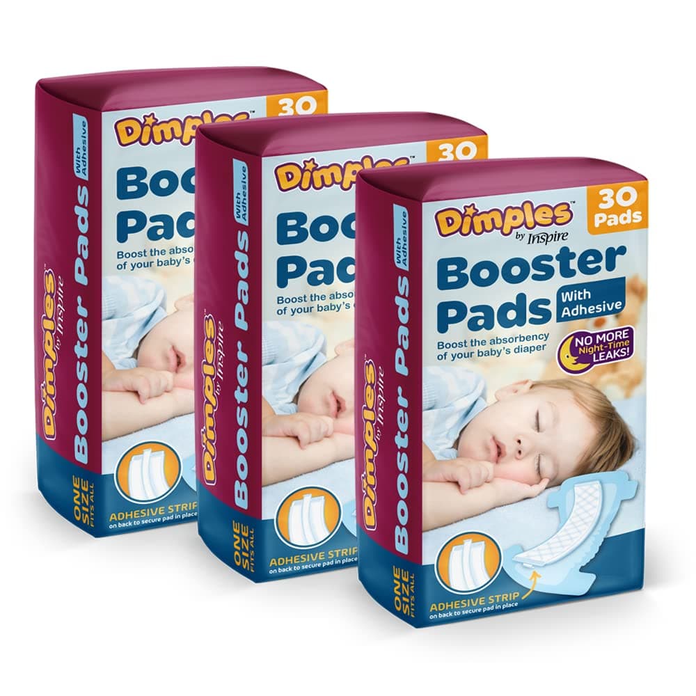 Inspire Dimples Booster Pads, Baby Diaper Doubler with Adhesive - 1 Size Fits All Diapers - Boosts Diaper Absorbency - No More leaks 90 Count (with Adhesive for Secure Fit)