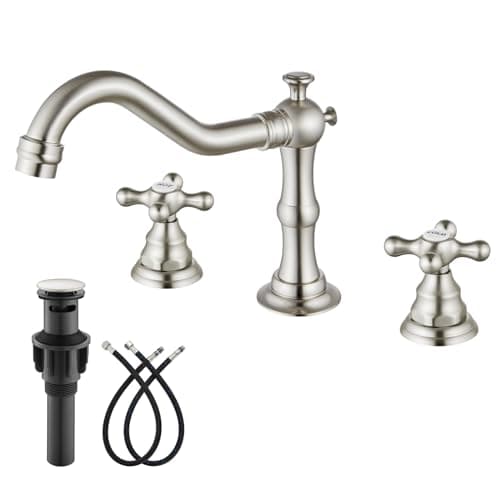 gotonovo Bathroom Faucet 3 Hole 8 Inch Widespread Bathroom Sink Faucet 2 Cross Handles Vintage Lavatory Vanity Mixer Tap with Pop Up Drain, HOT Cold Label, Brushed Nickel