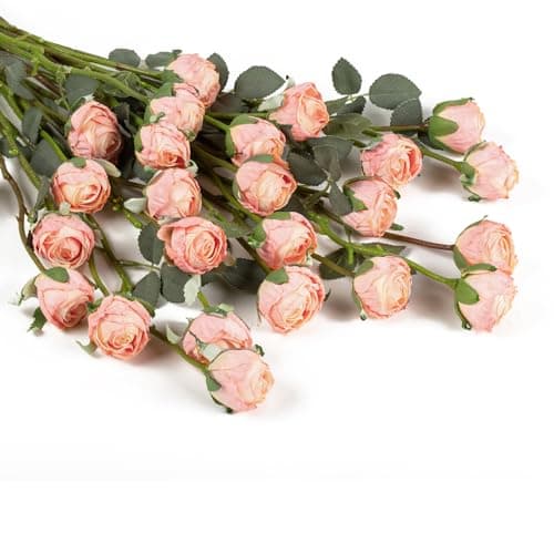 DuHouse 24pcs Artificial Vintage Roses Mini Silk Rose with Stem Fake Rose Bouquets for Arrangement Wedding Centerpiece Party Home Decoration(Gradient Light Pink)