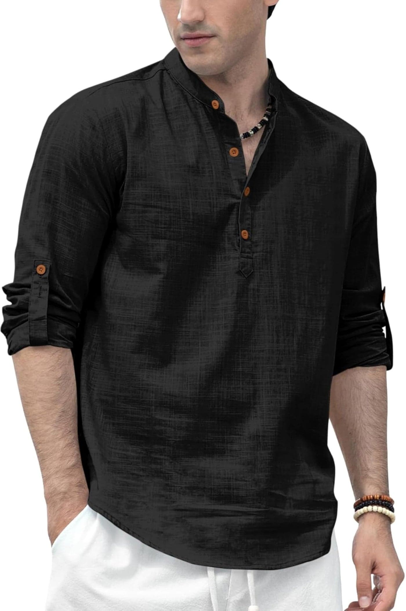 Zombom Men's Solid Cotton Polyester Blend Straight Kurta Shirt, Regular Fit Full Sleeve Short Kurta Shirt Black