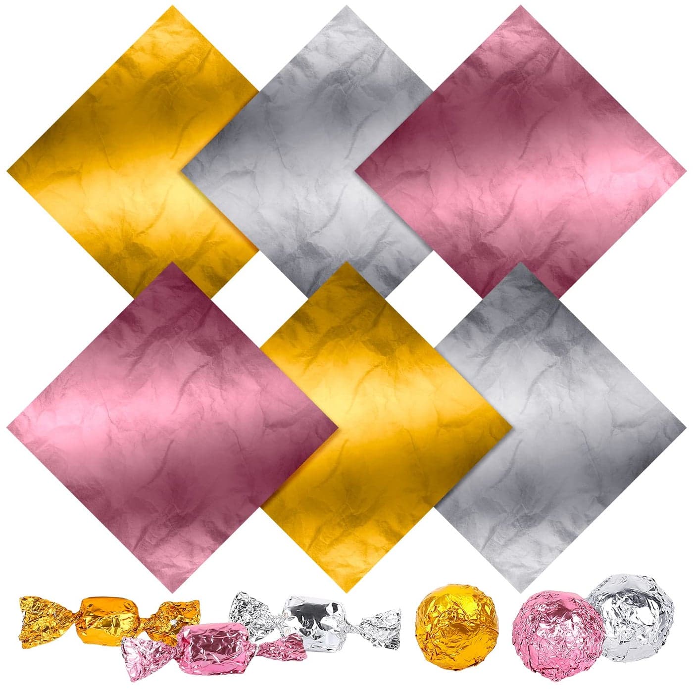 Whaline 300Pcs Aluminum Foil Chocolate Wrappers 59 x 59 Inch Silver Gold Rose Gold Candy Paper Square Sweet Lollipop Paper Packaging Decoration for Food Candy Packaging
