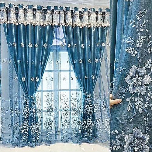 Amidoudou 1 Pair European Double Layer Curtains for Living Room Bedroom Luxury Flower Embroidered Curtains with Valance (Blue,52x96 Inch)