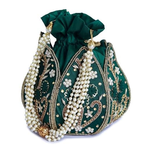THE TAN CLAN Baag Hand Embroidered Mini Lotus Potli Bag – Handcrafted Silk Pouch with Intricate Lotus Embroidery for Weddings, Parties, and Special Occasions (Baag_Green)