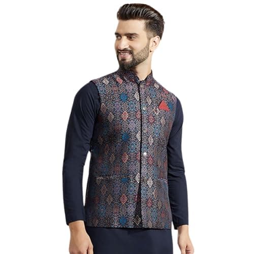 KISAH Men's Nehru Jacket, Multi Silk Blend, Woven Design Sleeveless Regular Fit Mandarin Collar (XL)