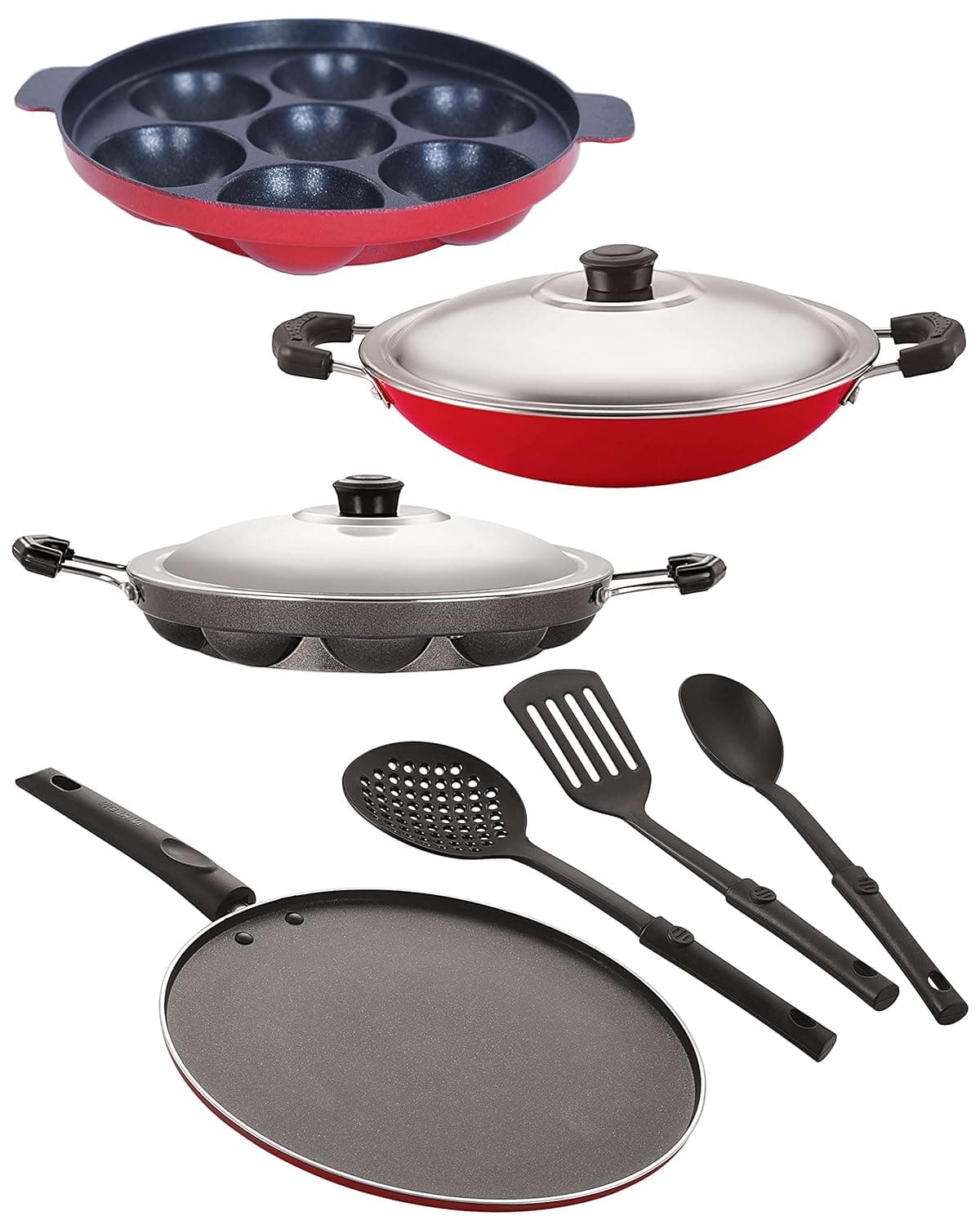 Nirlon Nonstick Coated Aluminium 7 Pcs Set of Appam-7 Cavity,Appam-12 Cavity,AppaChatti-22.5cm,Smart Tawa-29cm & 3 Spoon (2.6mm_AP(7)_AP(12)_AC_ST12_3SPN)