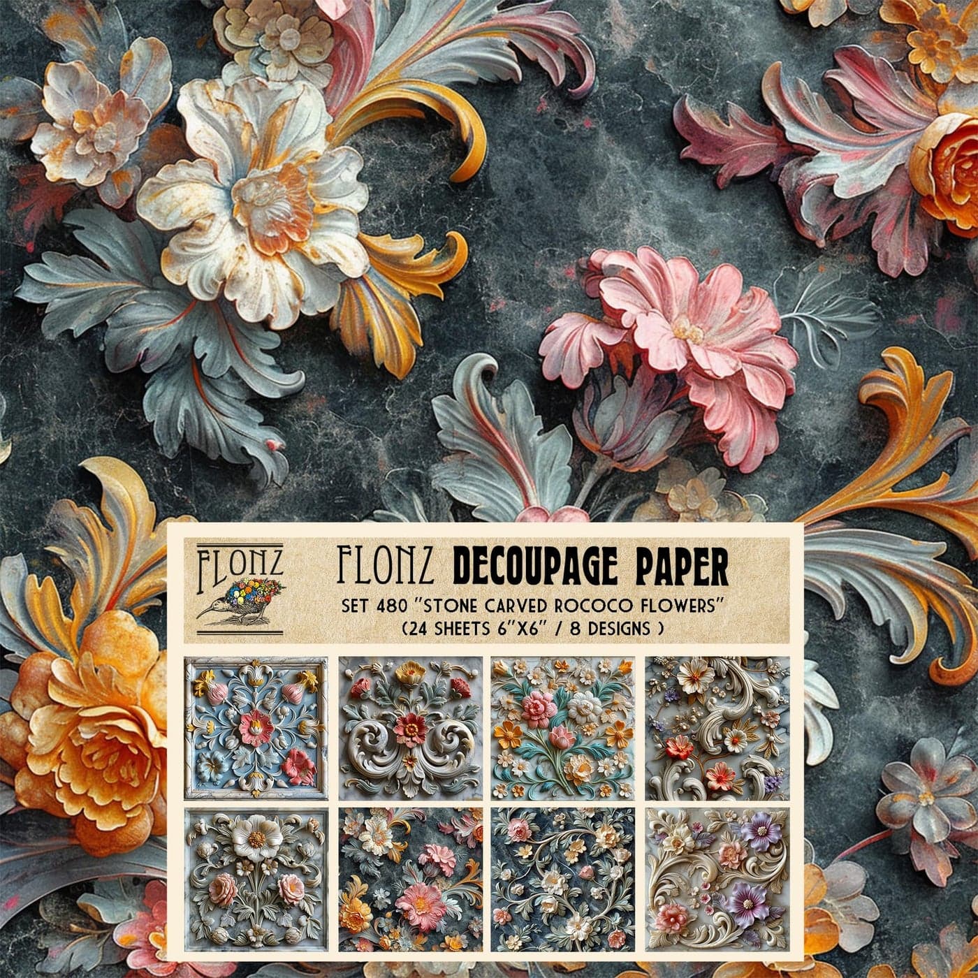 Decoupage Paper Pack 24 Sheets 6x6 Stone Carved Rococo Flowers Vintage Styled Pattern Paper for Decoupage Craft and Scrapbooking