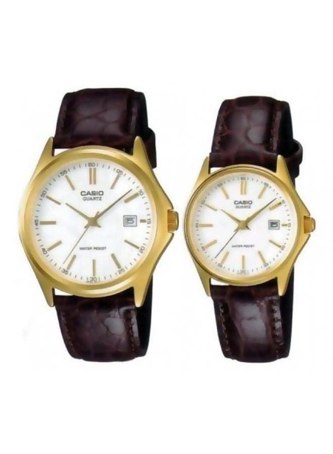 Unisex Leather Analog Quartz Watch Set MTP/LTP-1183Q-7A - 39 mm - Brown